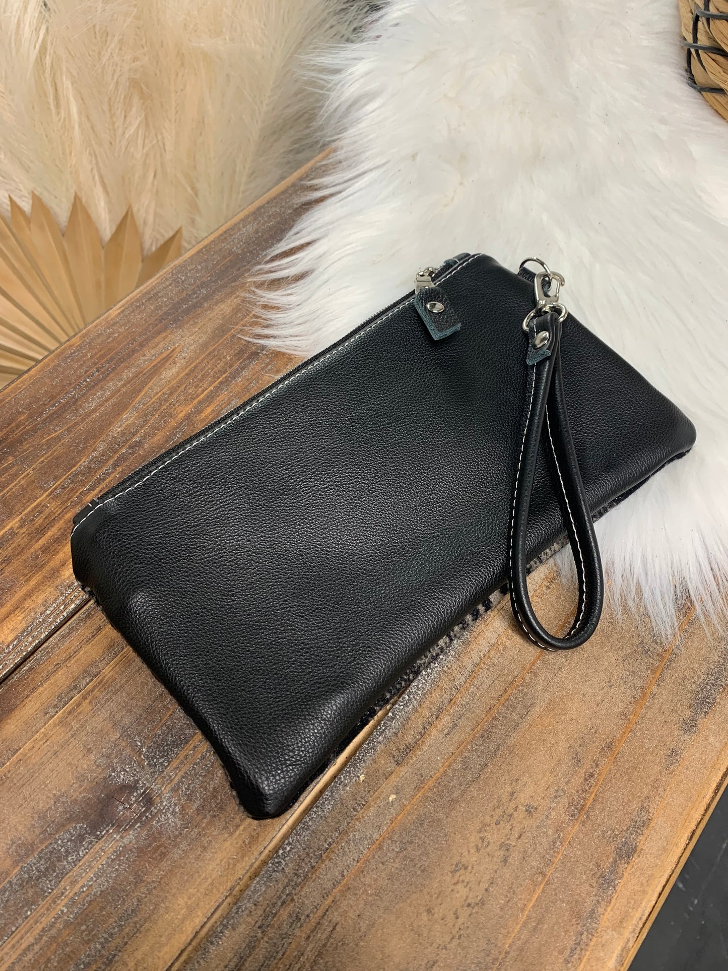 Wool clutch wristlet, Black leather, Harding tan, leather clutch wallet, Maine made, Portland wool fabric