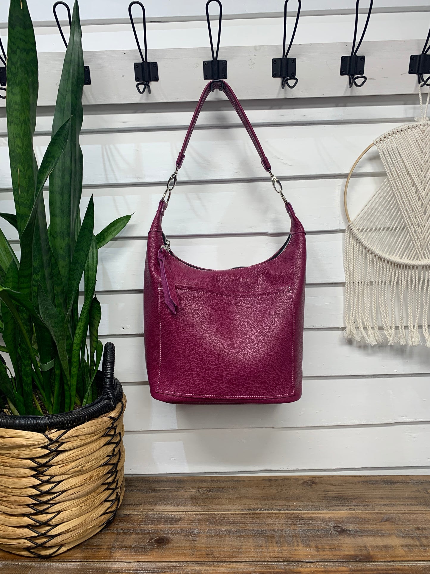 Jasper Bucket bag, Berry Italian pebble grain leather