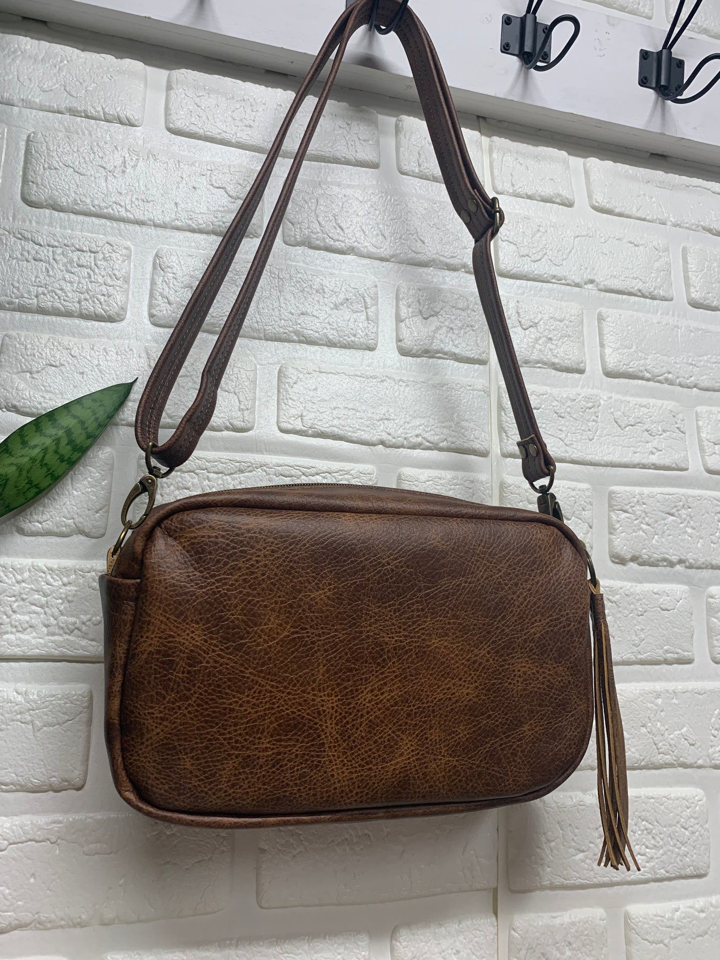 Emerald crossbody bag, Pilot Rock wool, saddle brown genuine leather, Camera bag