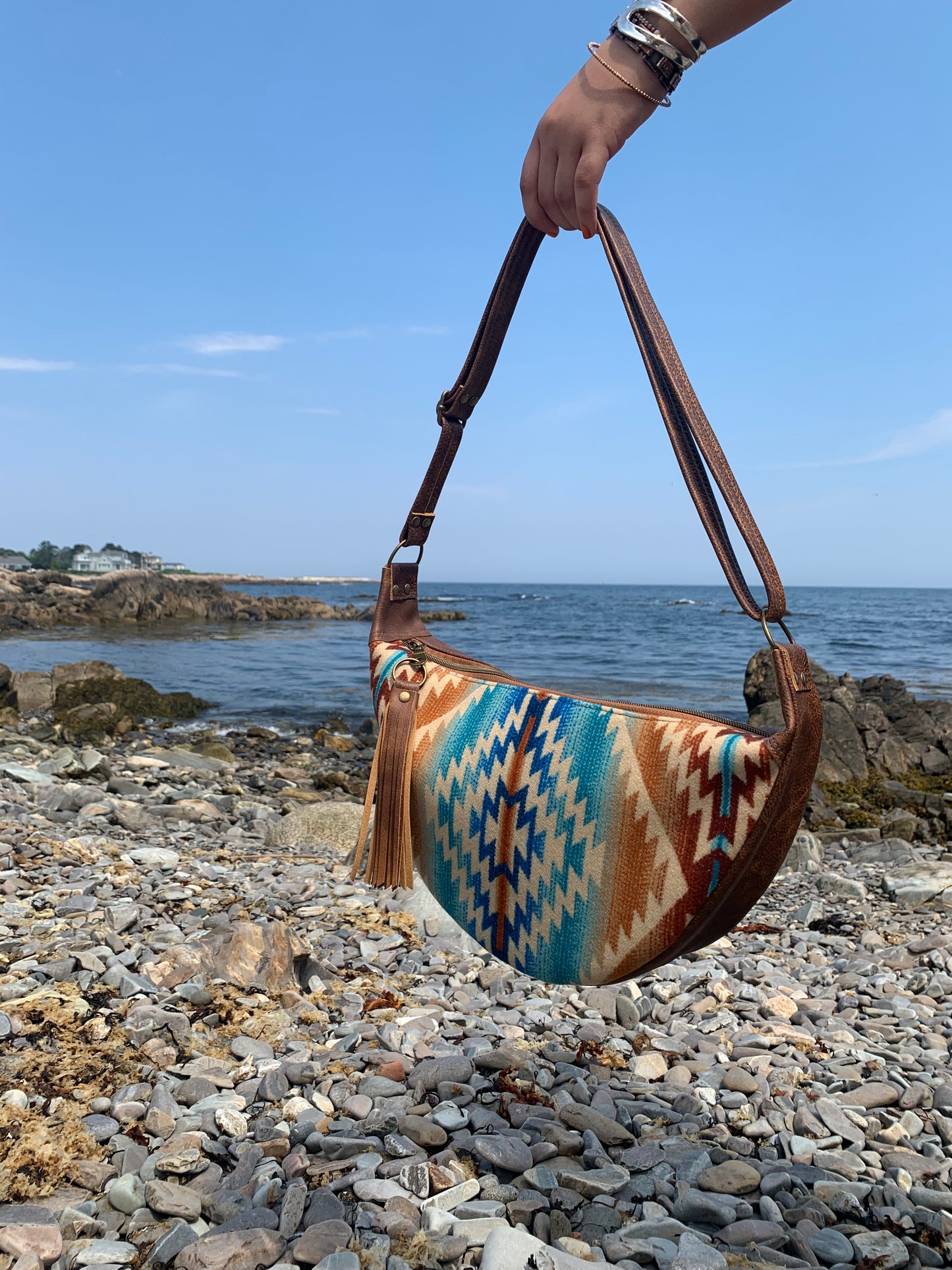 Half moon crossbody hobo bag Pagosa springs wool, saddle brown leather