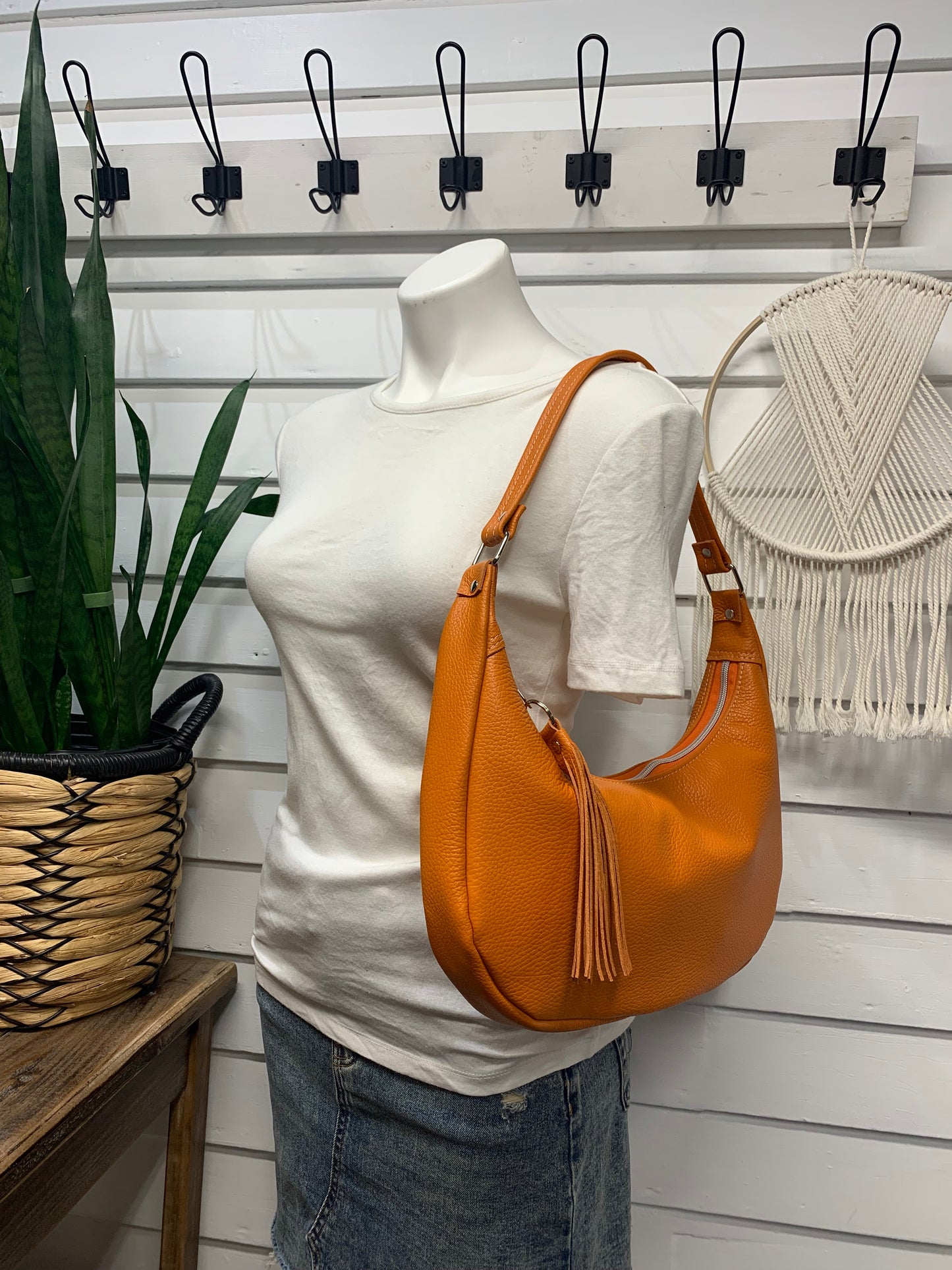 Garnet small hobo bag Orange Italian leather, shoulder strap