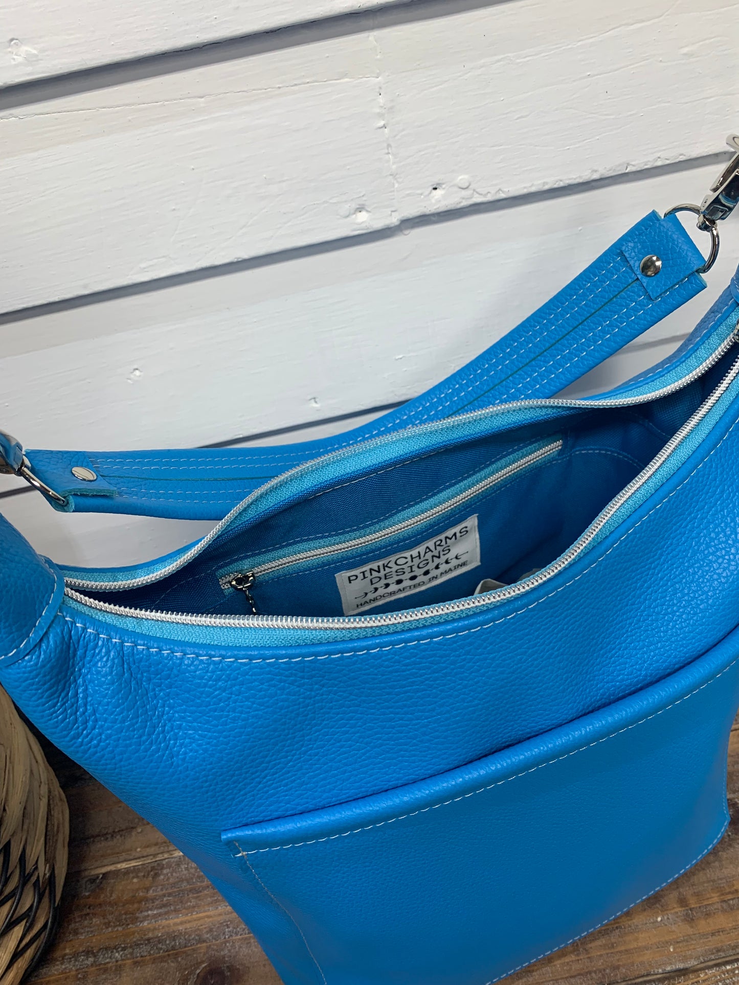 Jasper Bucket bag, Bright Blue Italian pebble grain leather