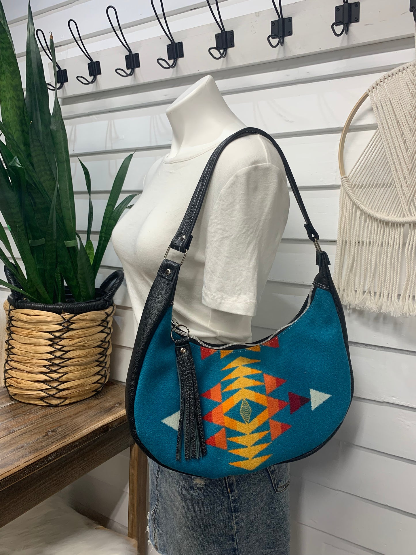 Garnet small hobo bag All Over Turquoise Wool and black leather, shoulder strap