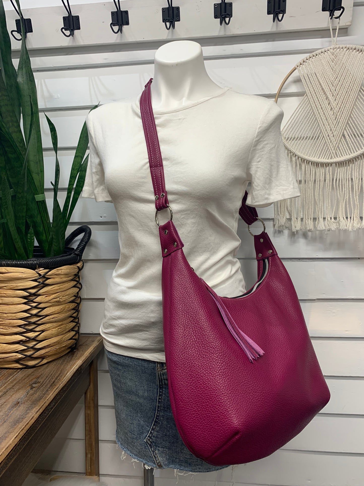 Onyx hobo bag, Berry Italian pebble grain leather crossbody