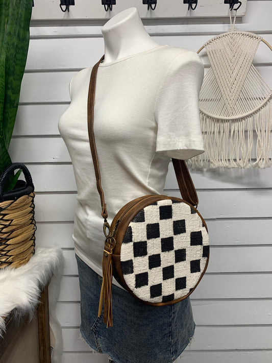 Moonstone crossbody bag, Checkered Mud cloth, saddle brown leather