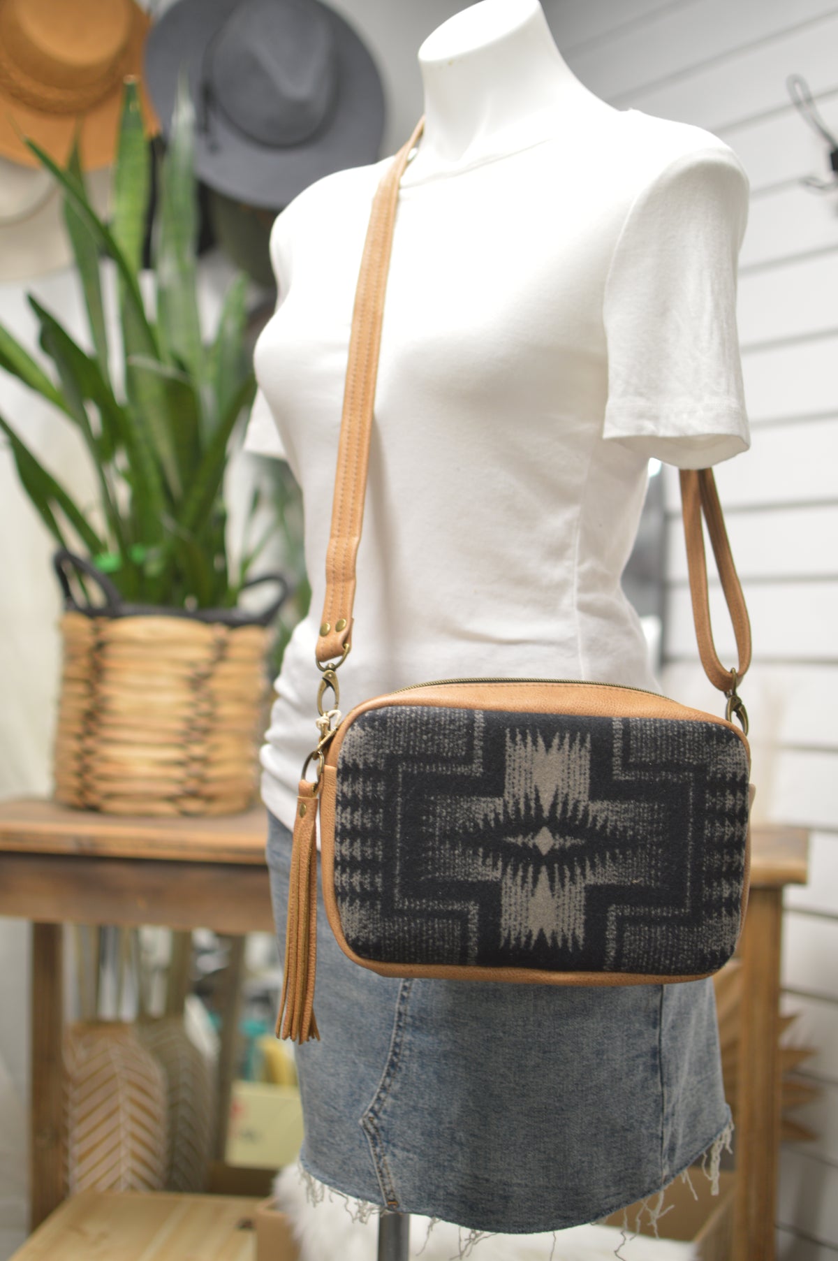 Emerald crossbody bag, Harding black wool, caramel leather, Square bag