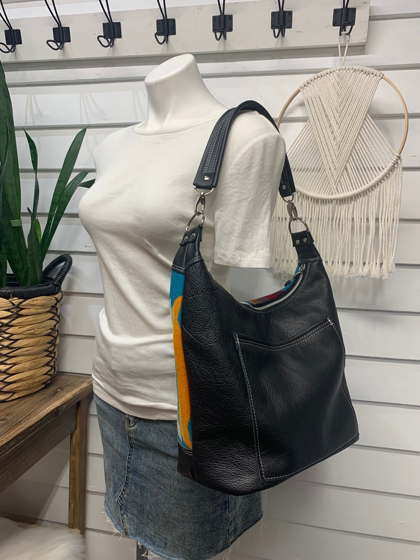 Jasper Bucket bag, All Over Turquoise wool, black leather