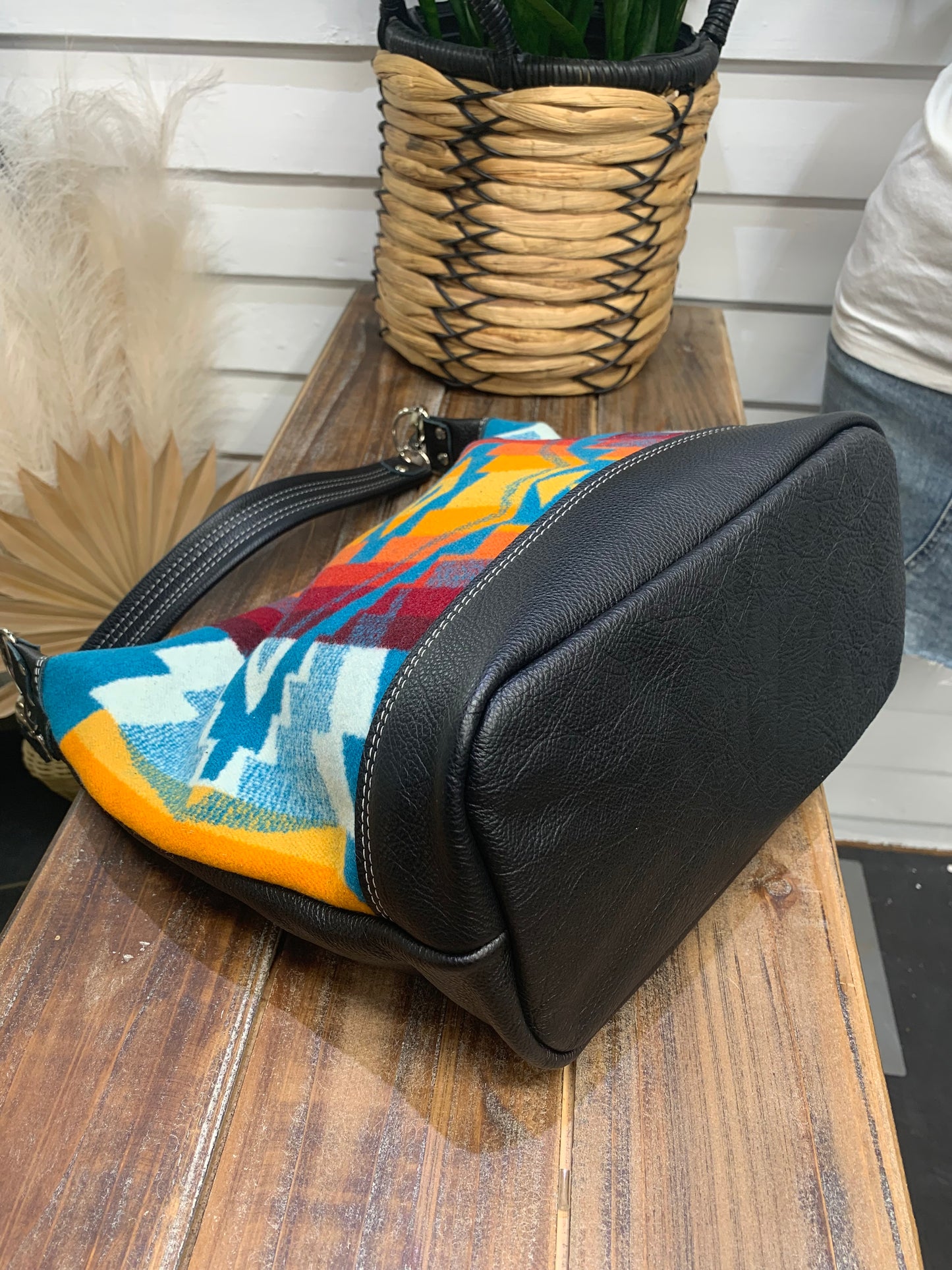 Jasper Bucket bag, All Over Turquoise wool, black leather