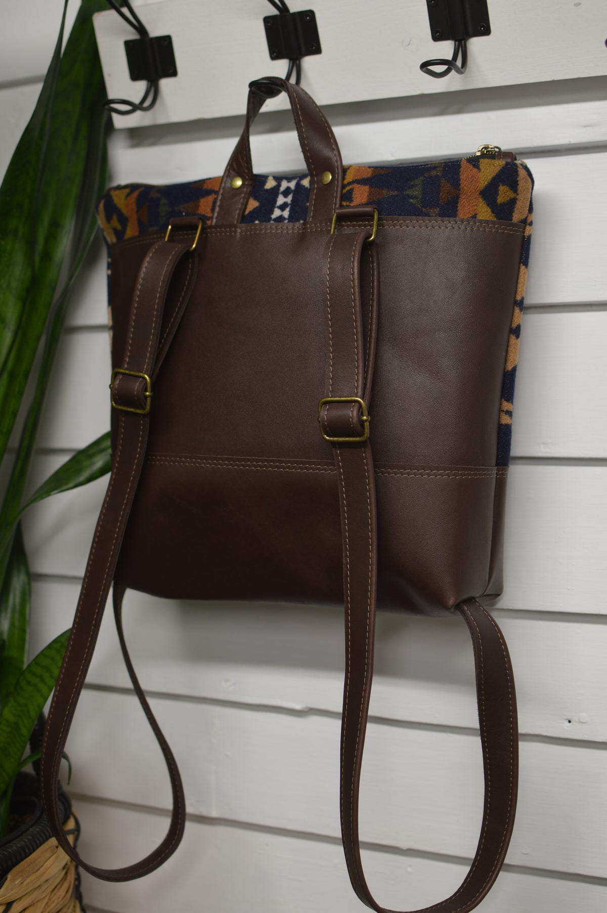 Backpack Navy Trails wool, dark brown waxed leather