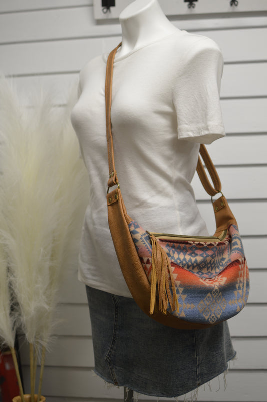 Half moon crossbody hobo bag Canyon lands wool, caramel brown leather