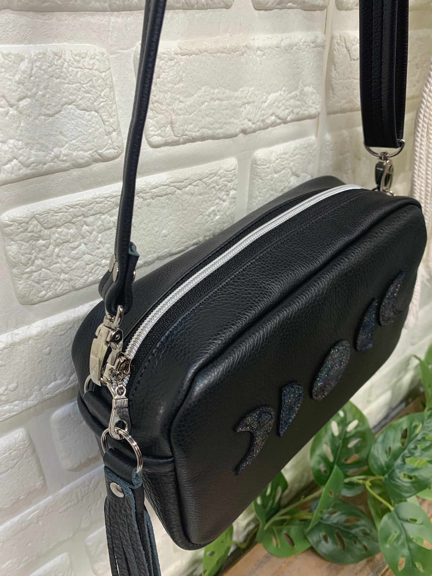 Emerald crossbody bag, Moon Phase, black genuine leather, Camera bag
