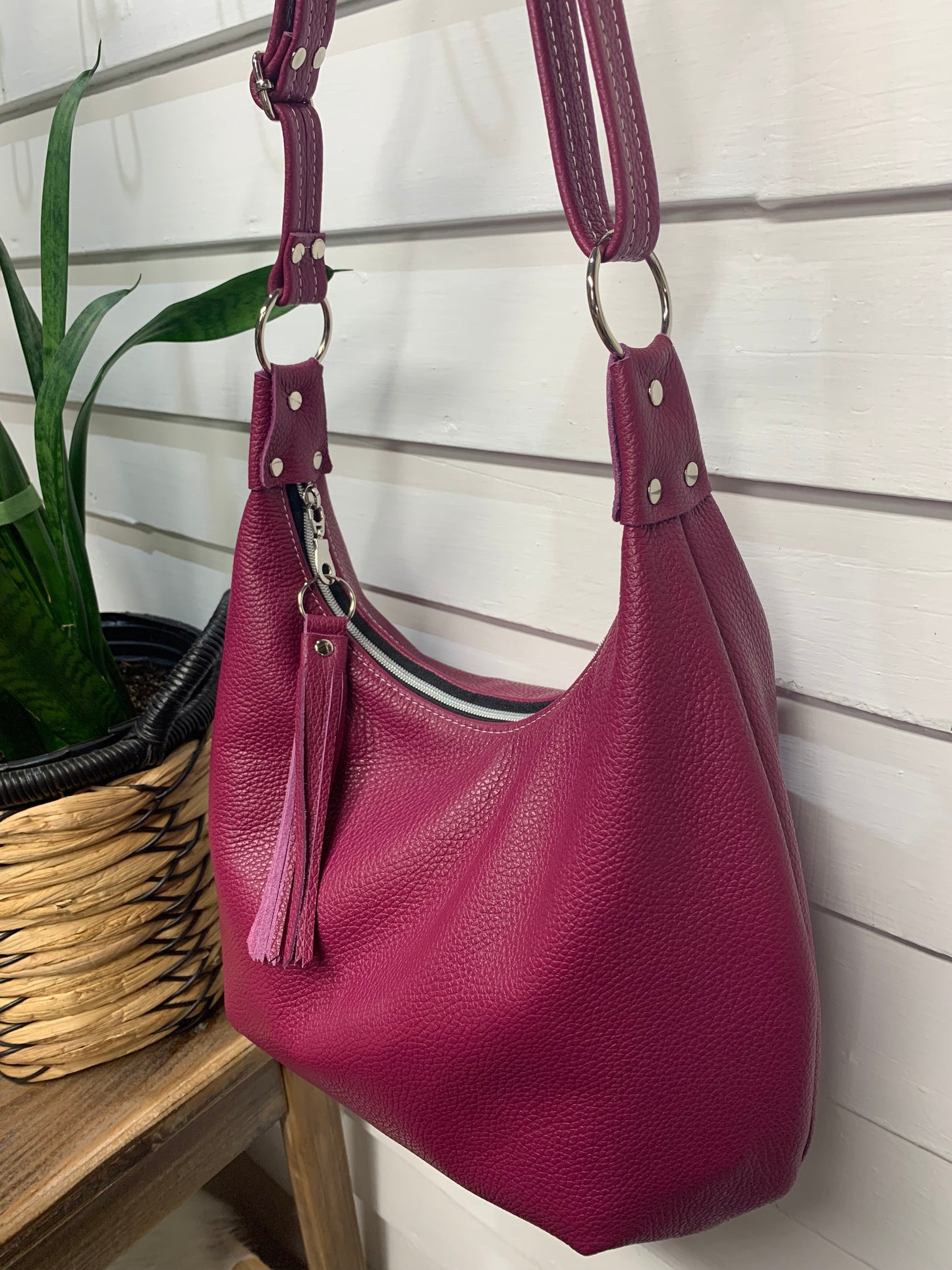 Onyx hobo bag, Berry Italian pebble grain leather crossbody