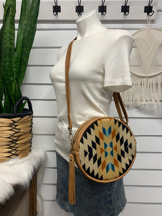 Moonstone crossbody bag, Rancho Arroyo black wool, Circle bag