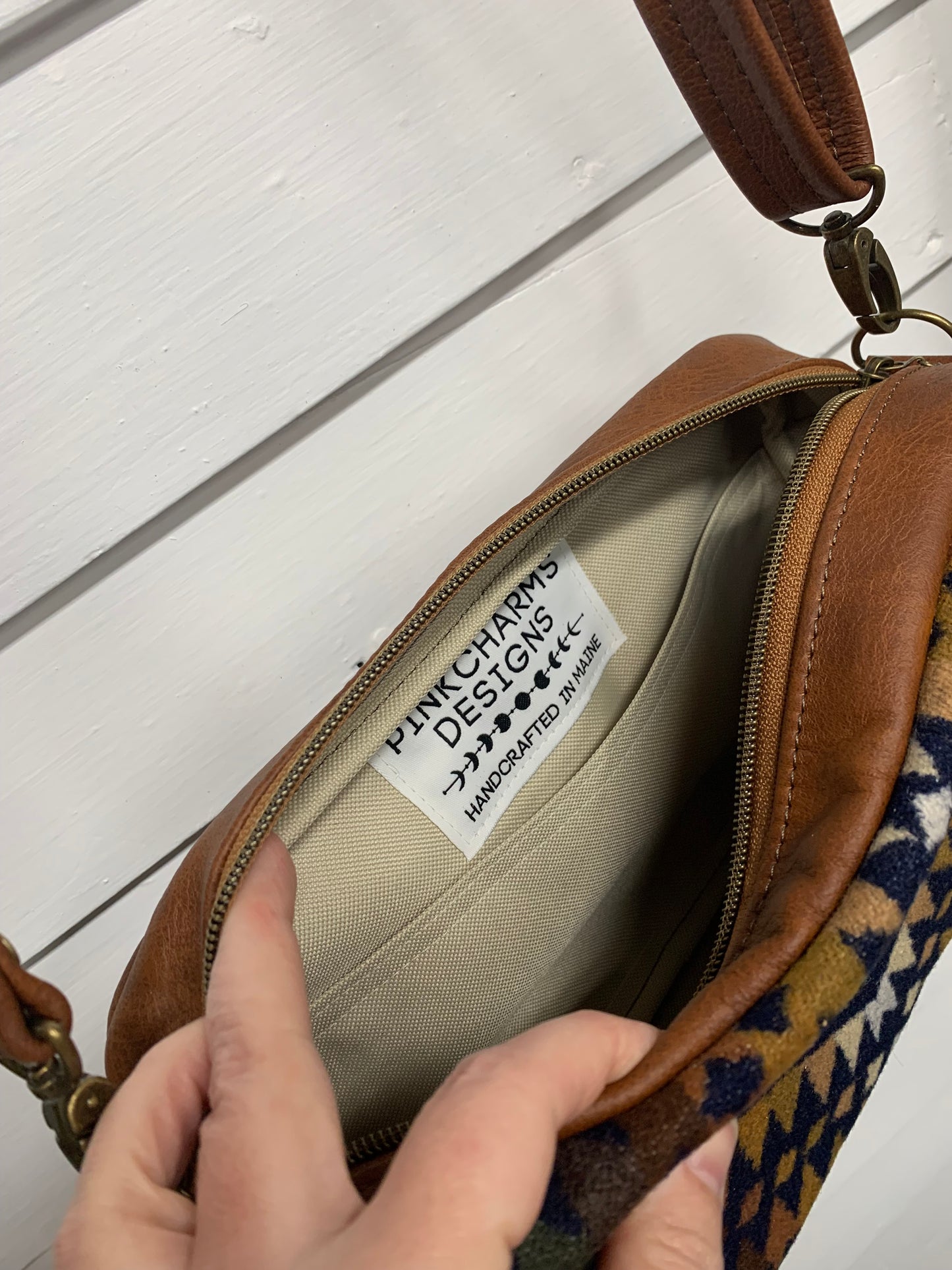 Emerald crossbody bag, Navy Trails wool, spice brown leather, square bag