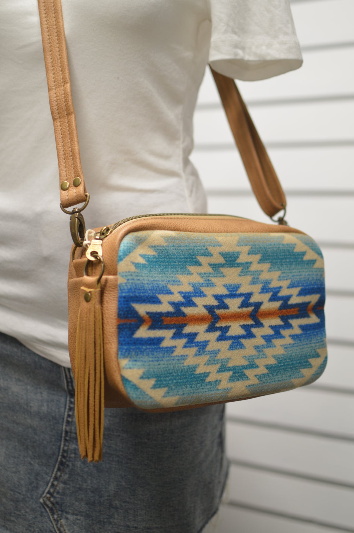 Emerald crossbody bag, Pagosa Springs wool, caramel leather, Square bag