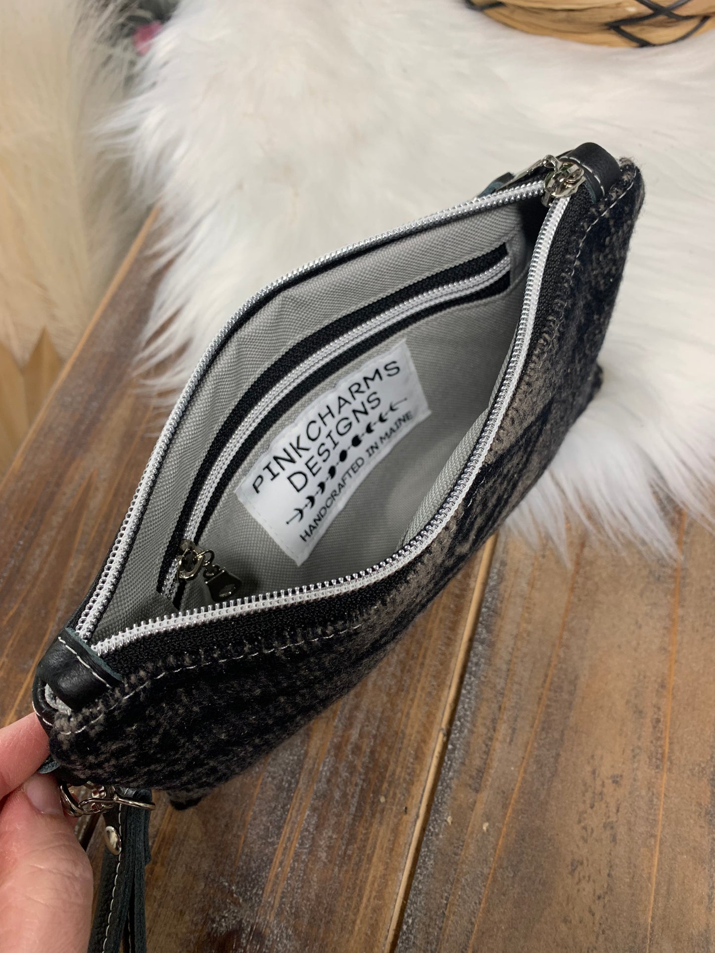 Wool clutch wristlet, Black leather, Harding tan, leather clutch wallet, Maine made, Portland wool fabric