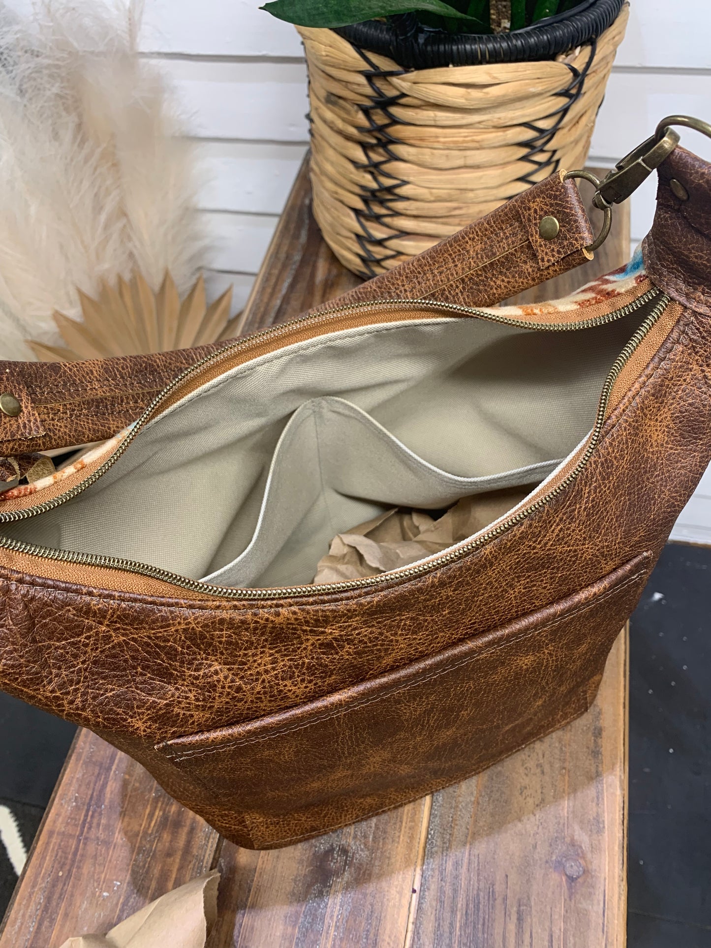 Jasper Bucket bag, Pagosa Springs wool, saddle brown leather