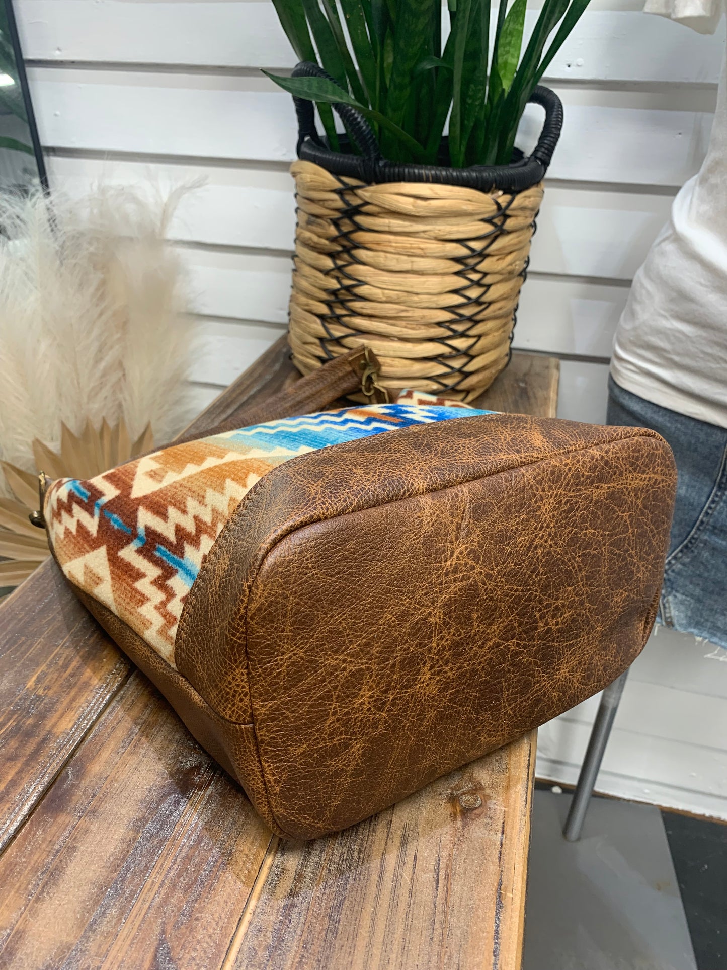 Jasper Bucket bag, Pagosa Springs wool, saddle brown leather