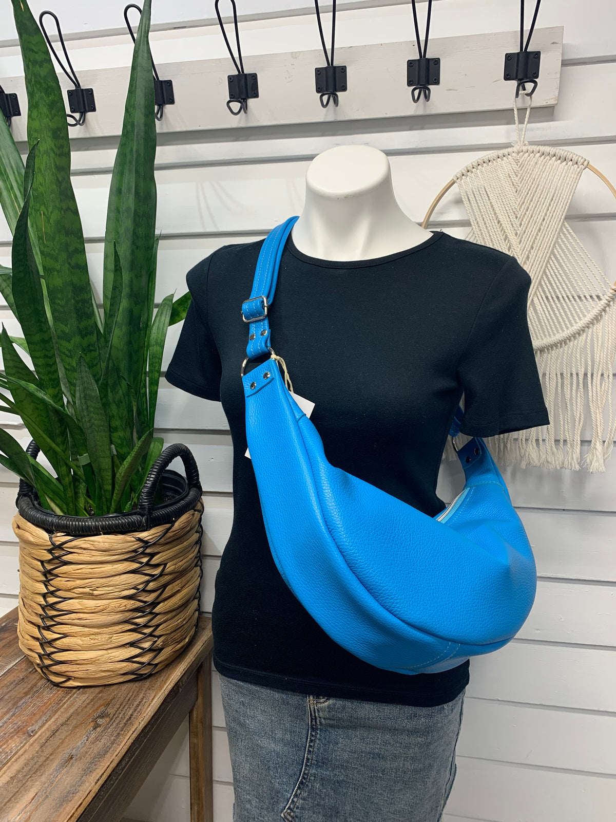 Half moon crossbody hobo bag Bright Blue Italian leather
