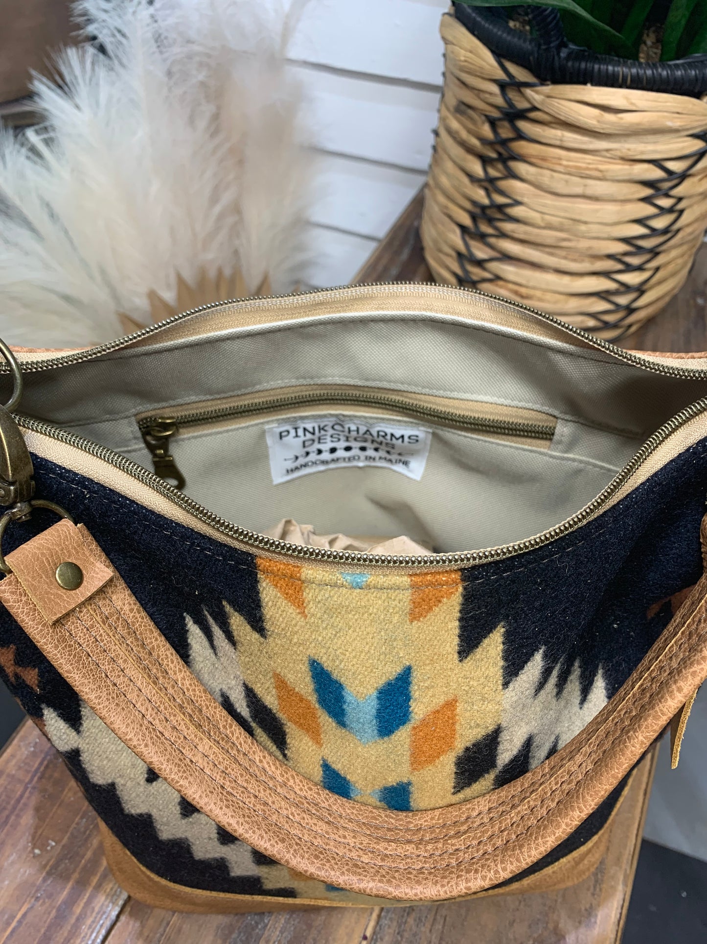 Jasper Bucket bag, Rancho Arroyo black wool, caramel leather
