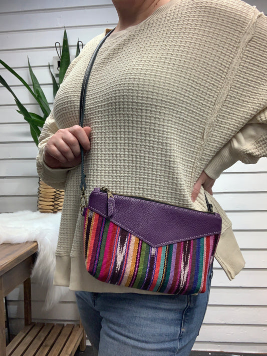 Ruby crossbody bag Guatemalan woven fabric, purple Italian leather