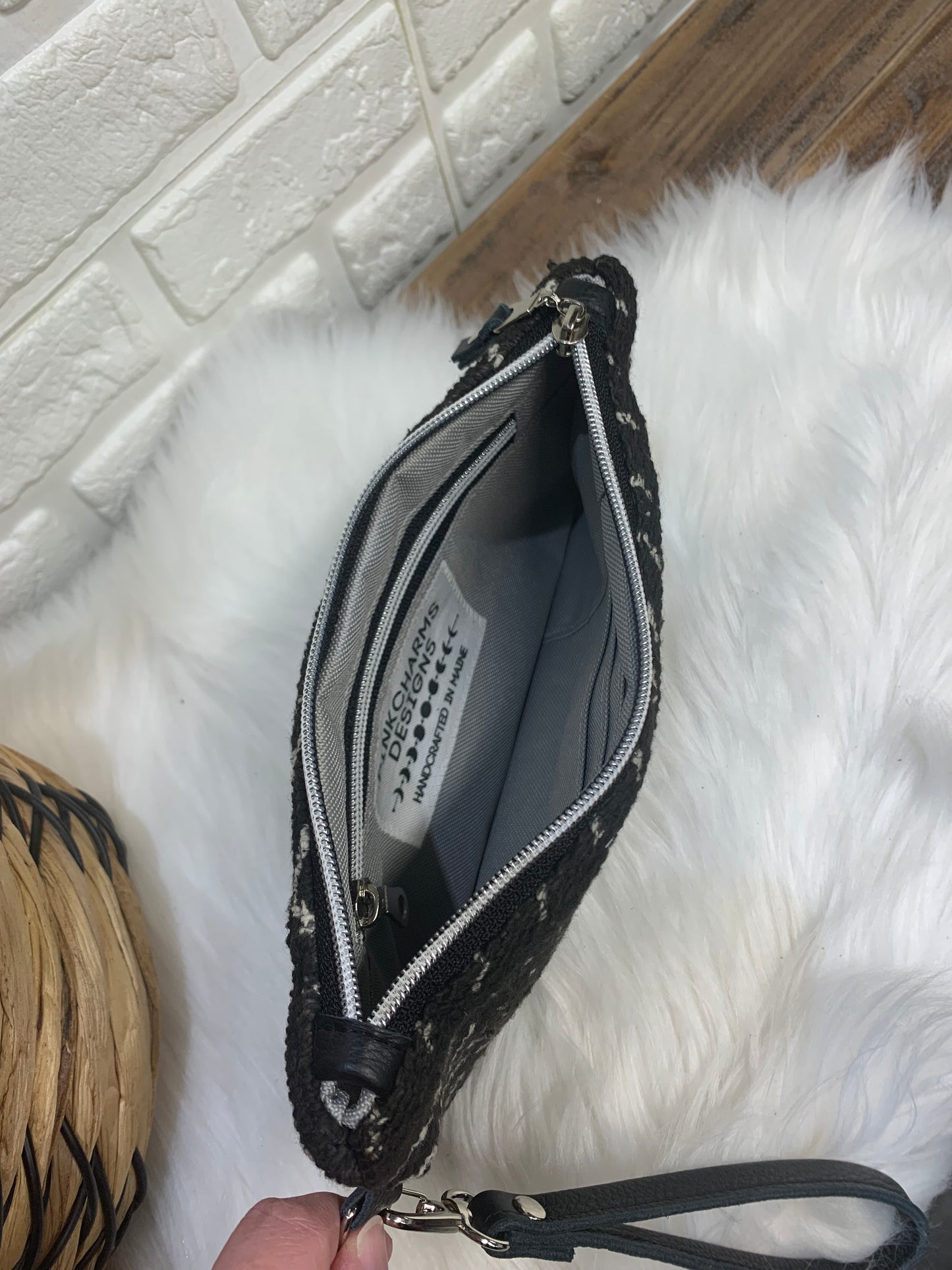 Mali Mud cloth and black Leather clutch wristlet