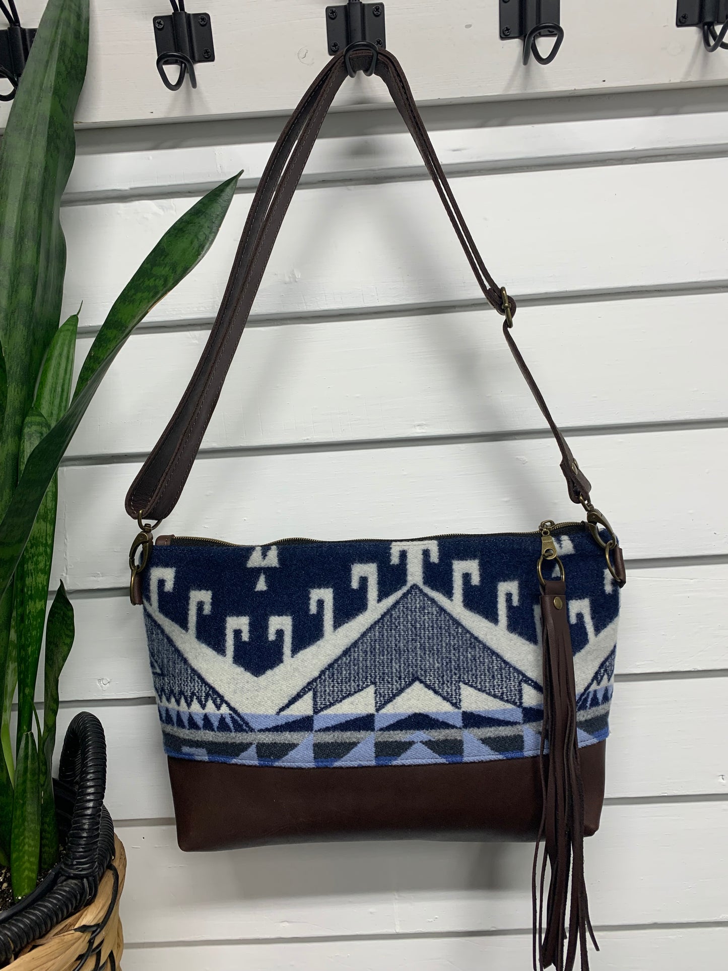 XL Ruby crossbody bag, Trailhead blue wool, waxed dark brown leather