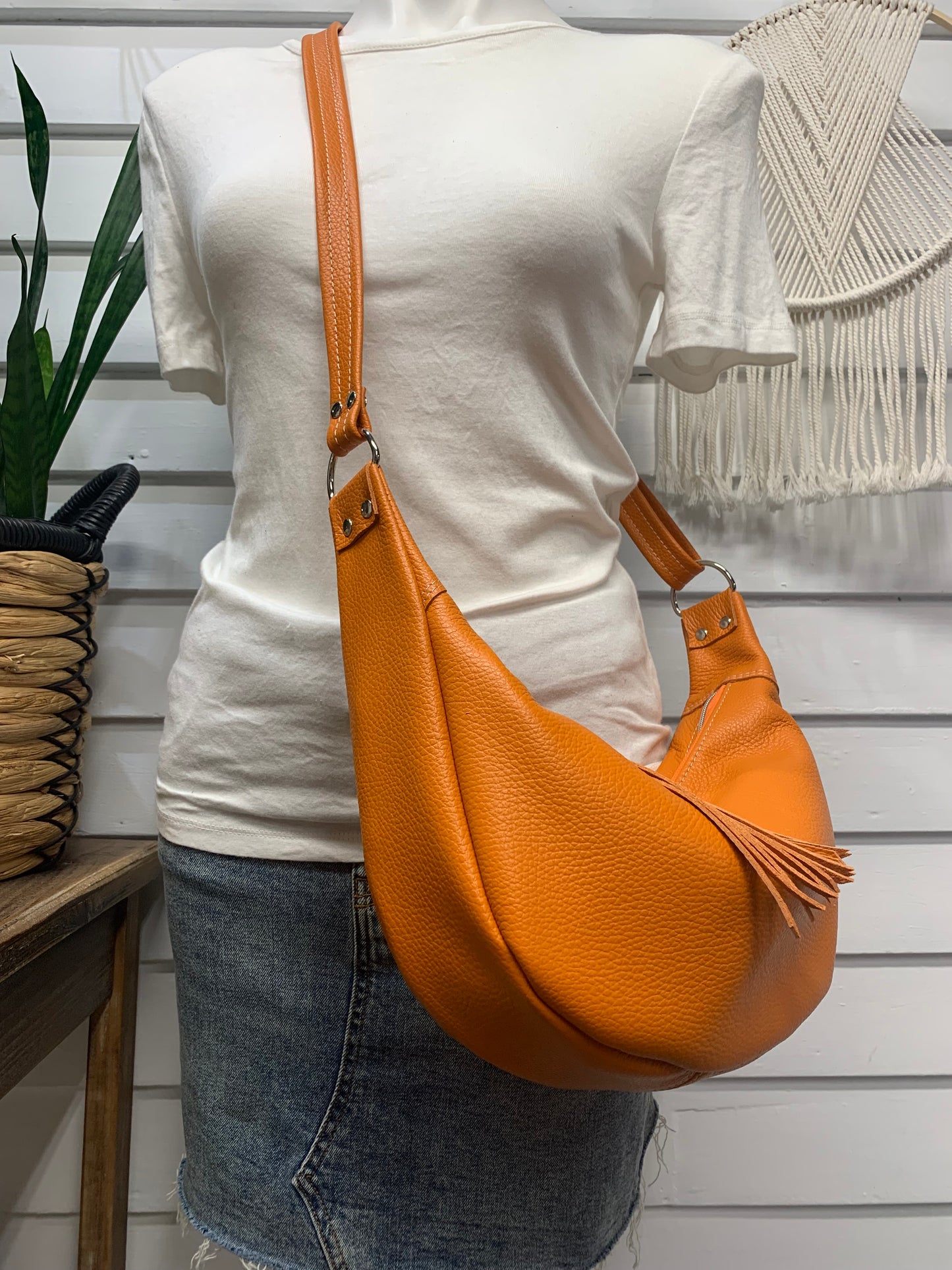 Half moon crossbody hobo bag Orange Italian leather