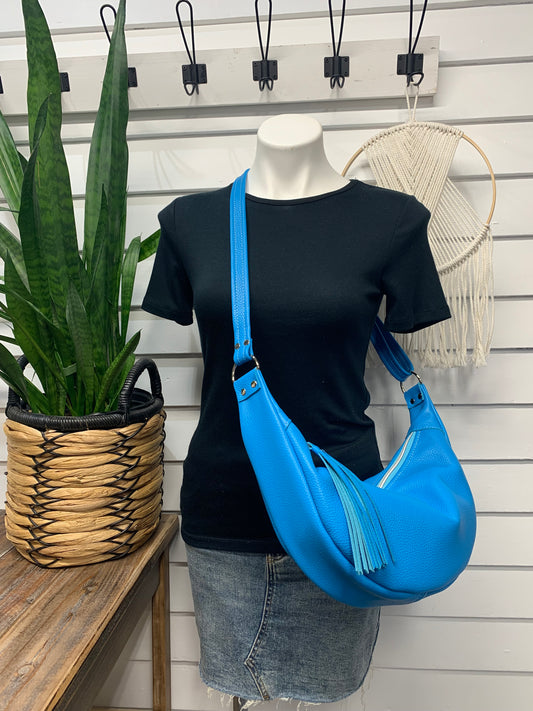 Half moon crossbody hobo bag Bright Blue Italian leather