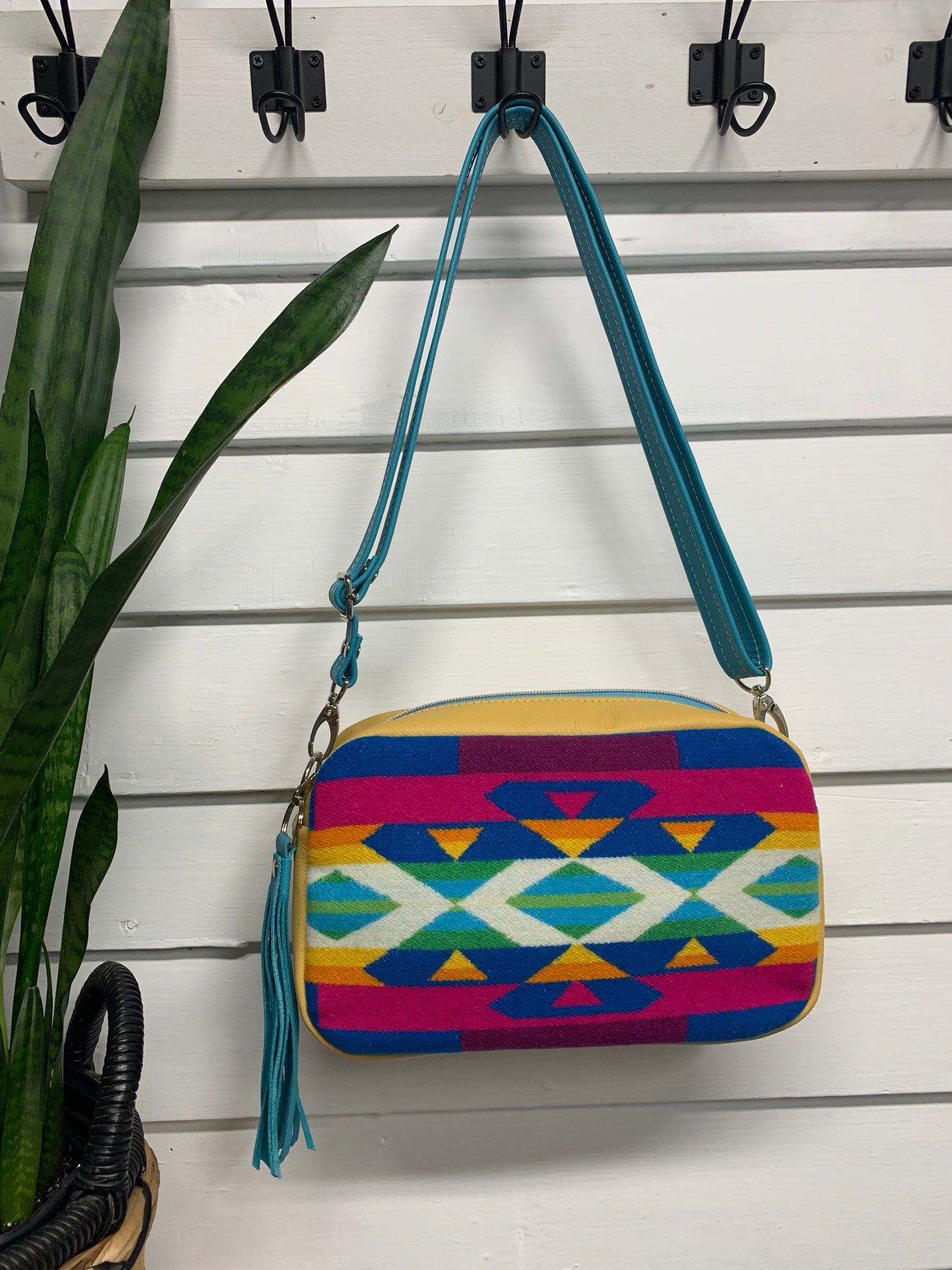 Emerald crossbody bag, San Gabriel wool, yellow turquoise leather, square bag