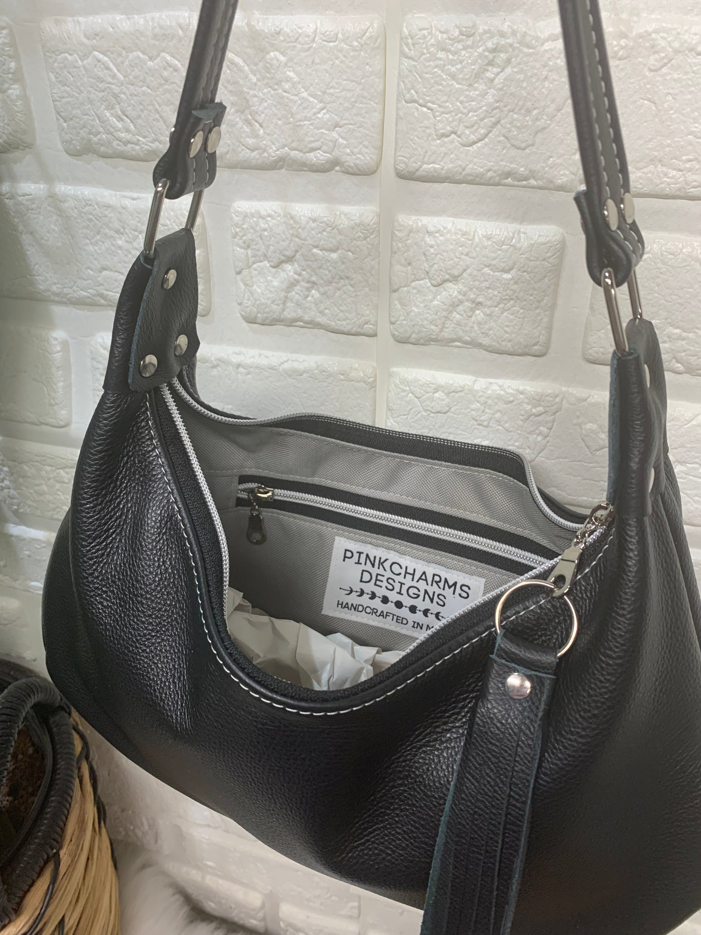 Small hobo bag Black Italian leather, shoulder strap