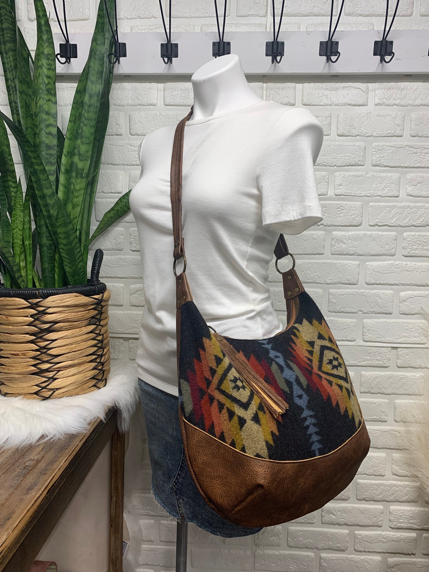 Wool and leather hobo bag, Pueblo Dwelling wool fabric, brown genuine leather