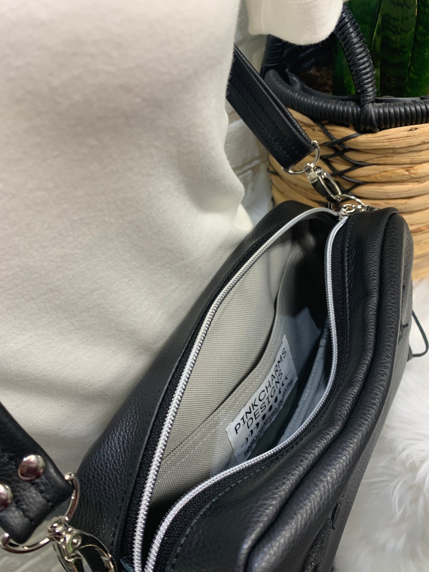 Emerald crossbody bag, Moon Phase, black genuine leather, Camera bag