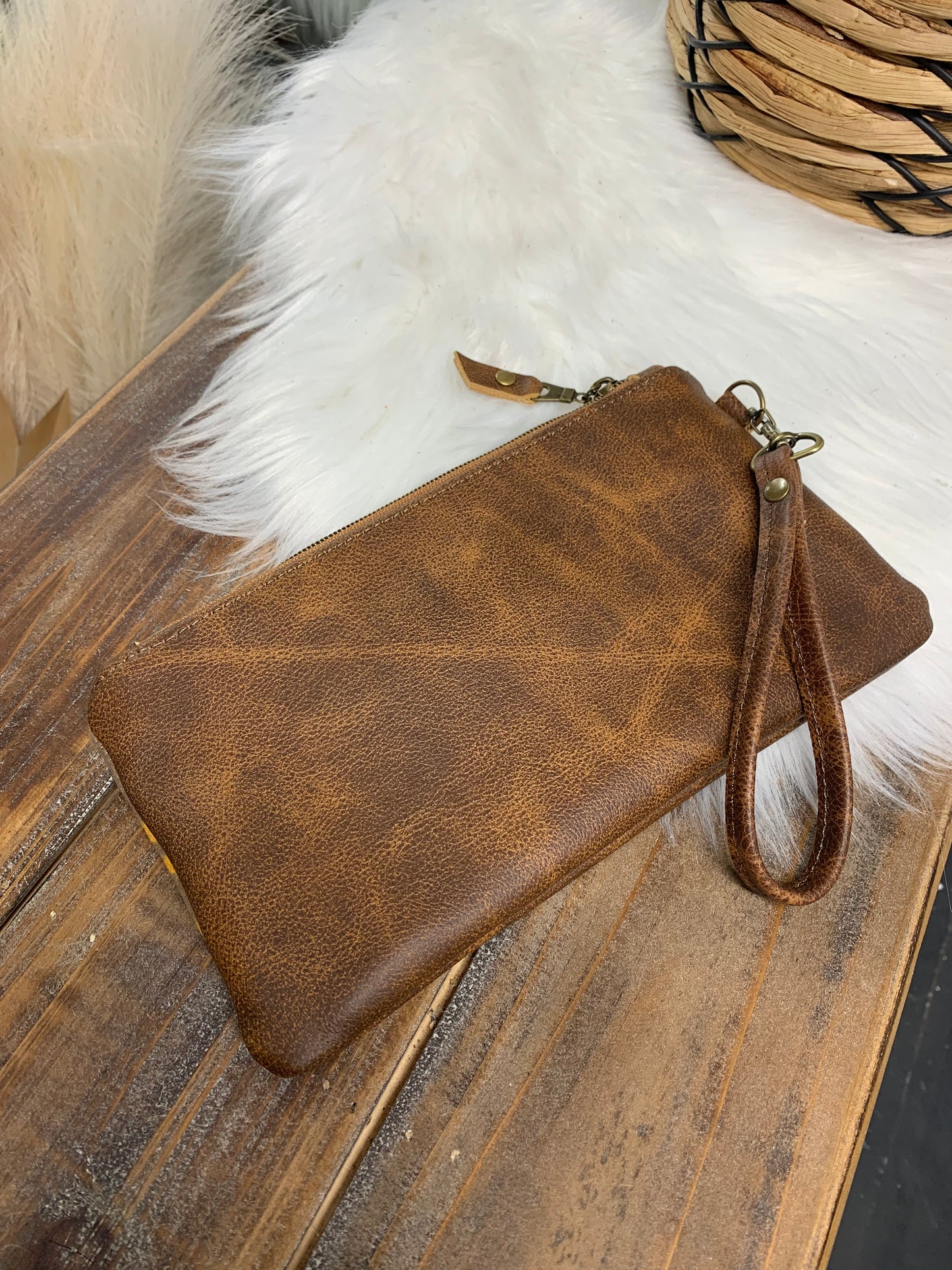 Wool and leather clutch wristlet, Pilot rock wool, saddle leather clutch wallet