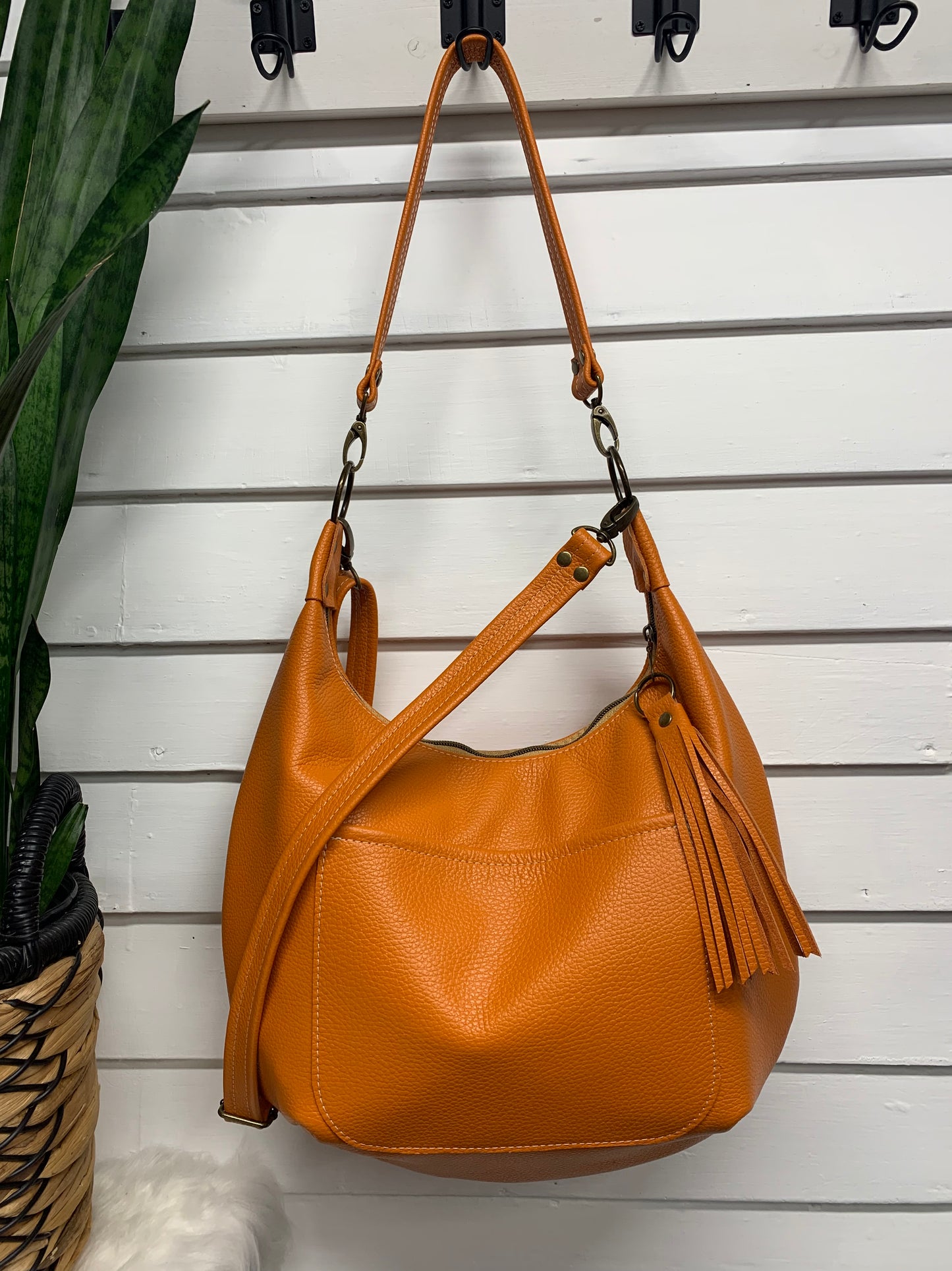 Onyx hobo bag, Pumpkin Italian pebble grain leather crossbody