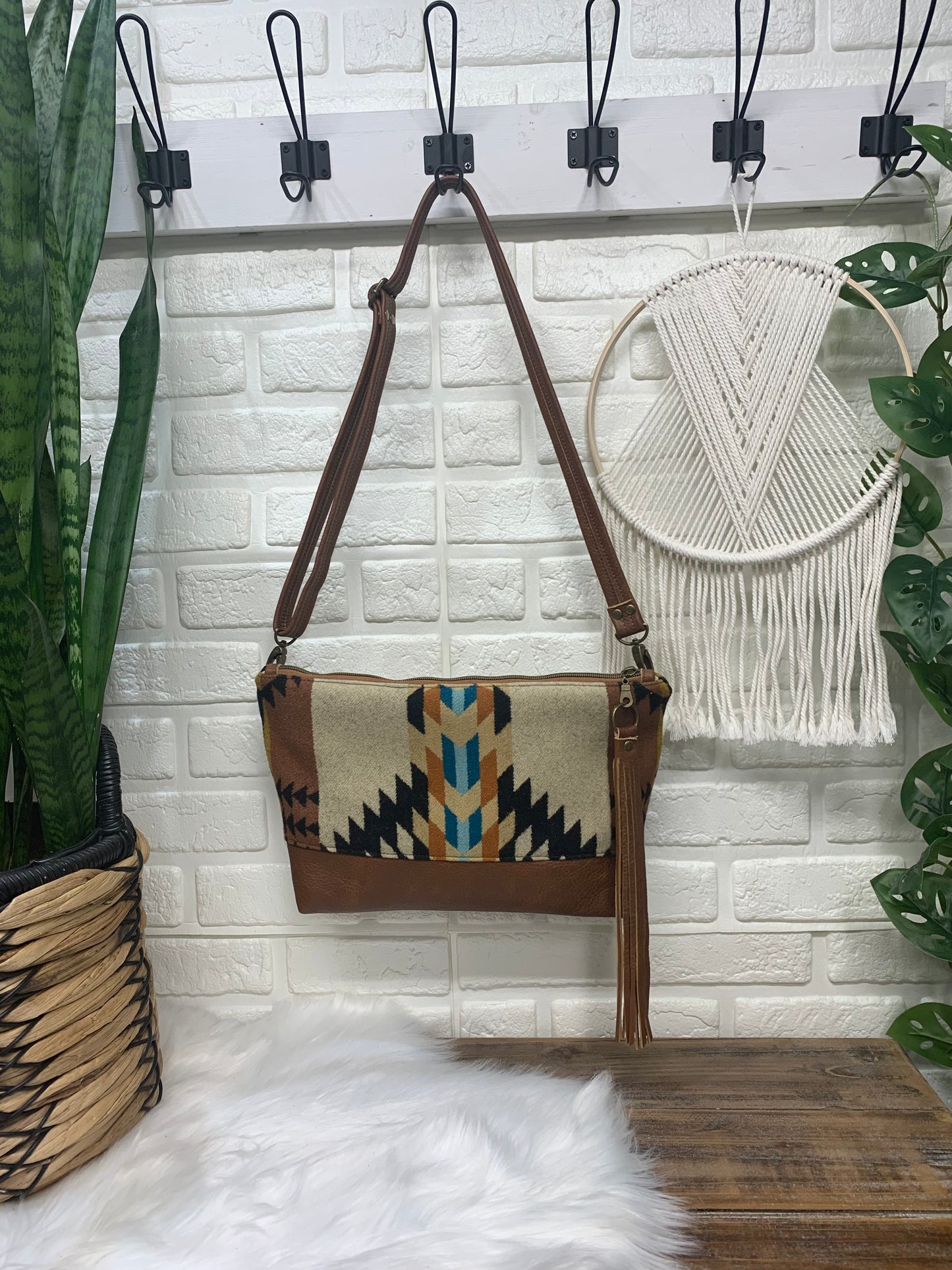 XL Ruby crossbody bag, Rancho Arroyo wool, spice brown genuine leather