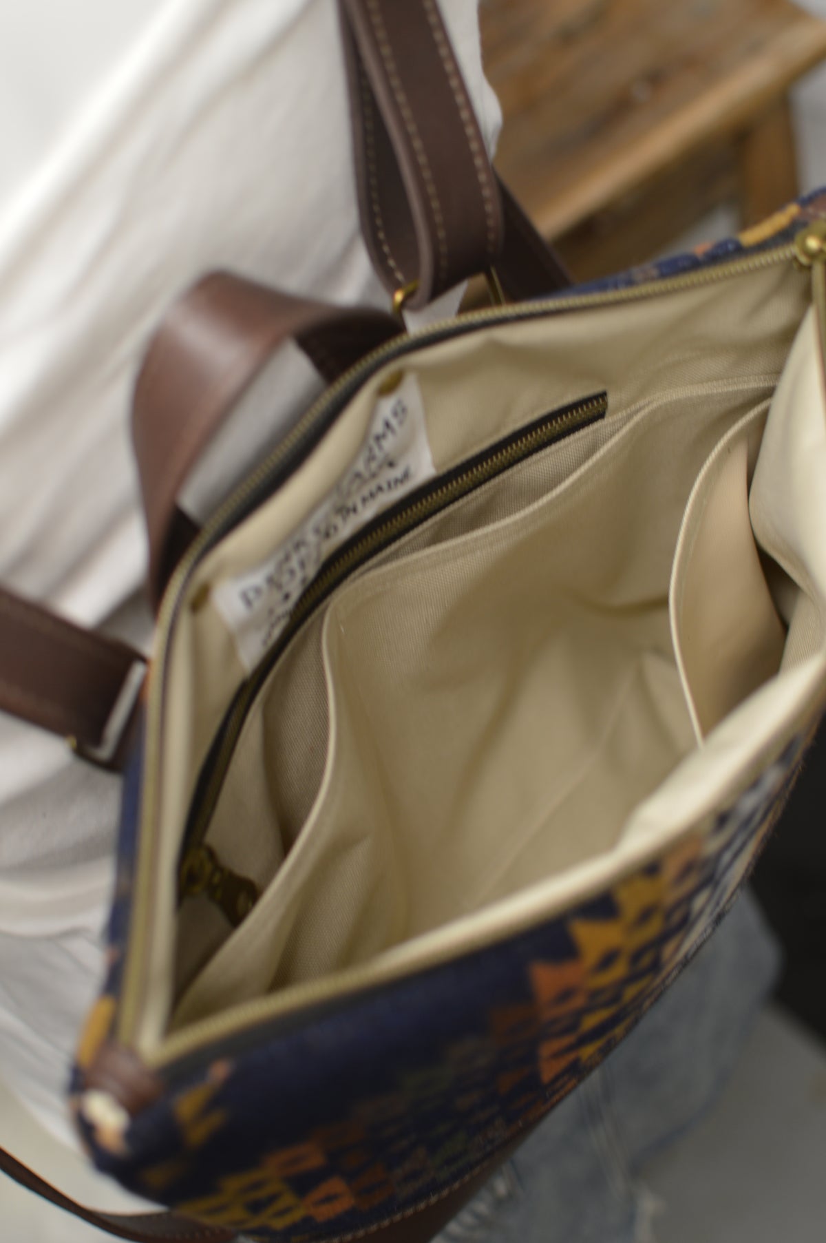 Backpack Navy Trails wool, dark brown waxed leather