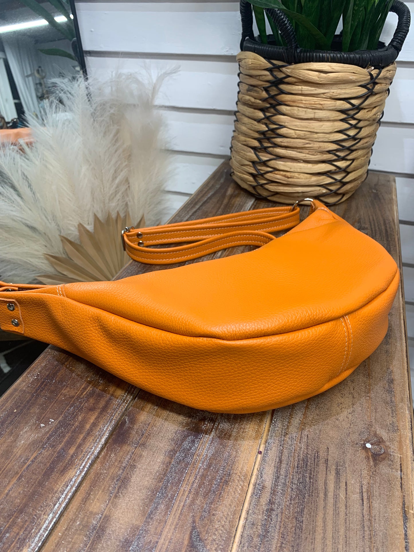 Half moon crossbody hobo bag Orange Italian leather