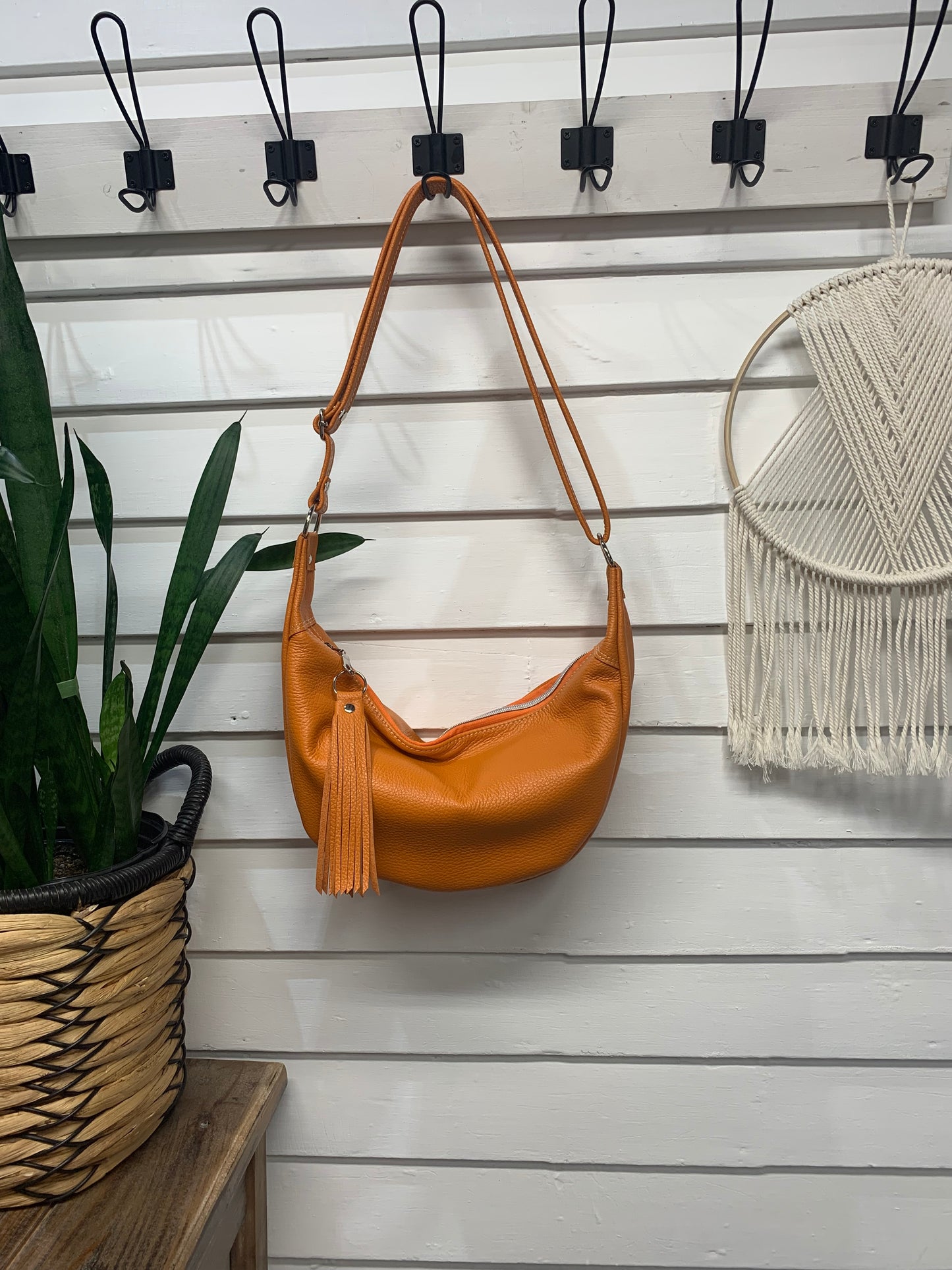 Half moon crossbody hobo bag Orange Italian leather