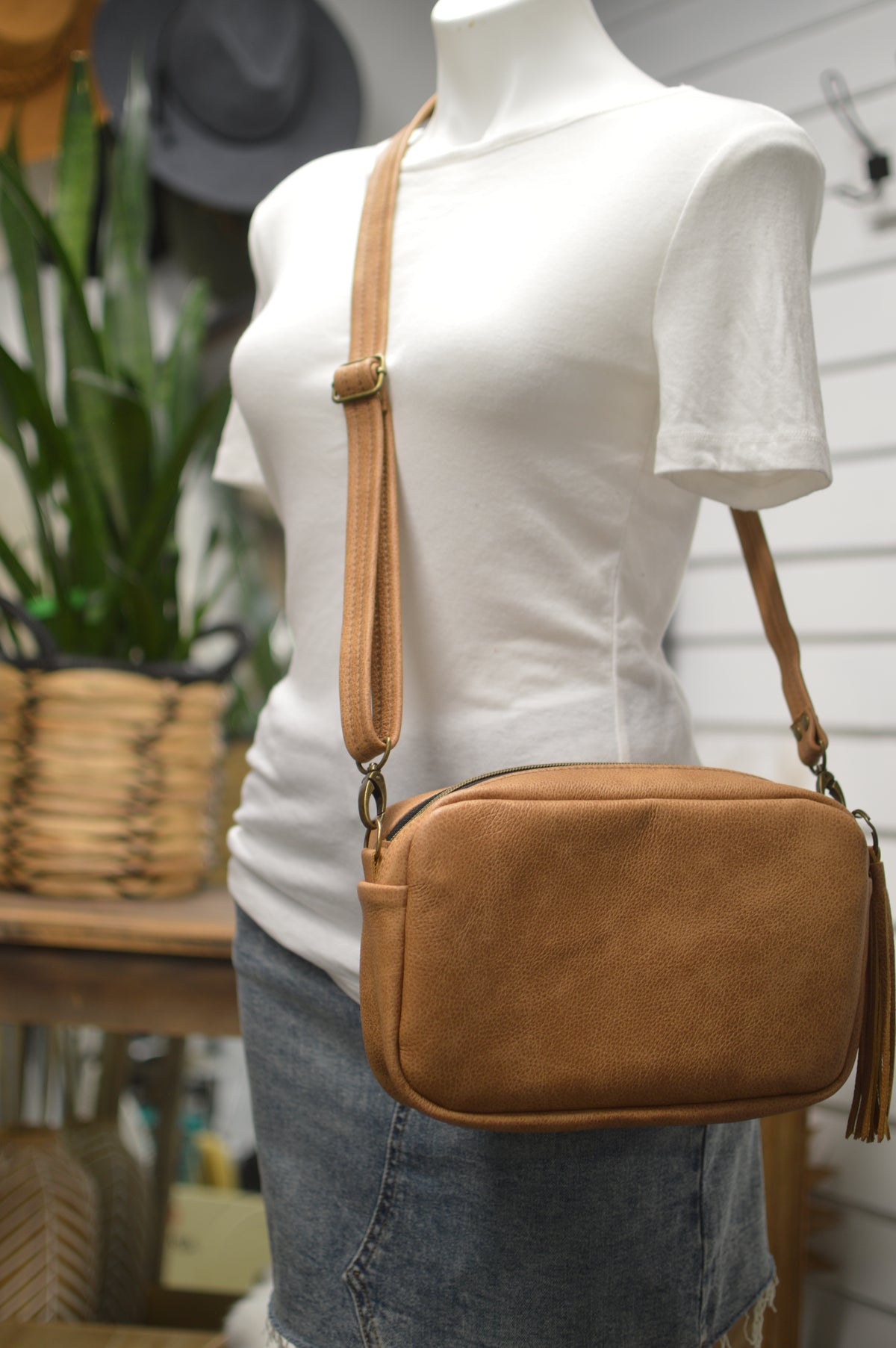 Emerald crossbody bag, Harding black wool, caramel leather, Square bag