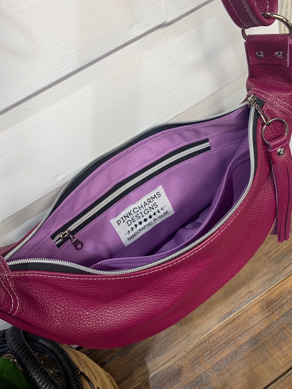 Half moon crossbody hobo bag Berry Italian leather
