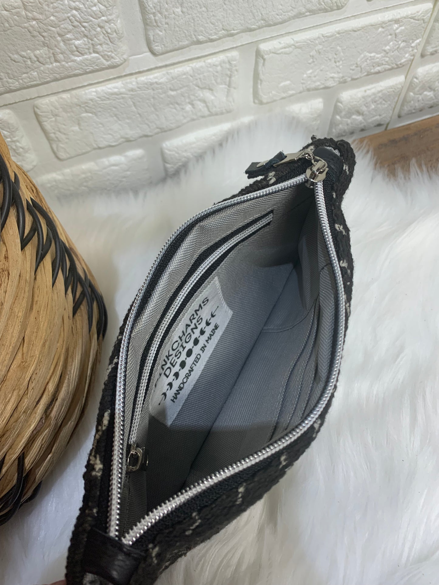 Mali Mud cloth and black Leather clutch wristlet
