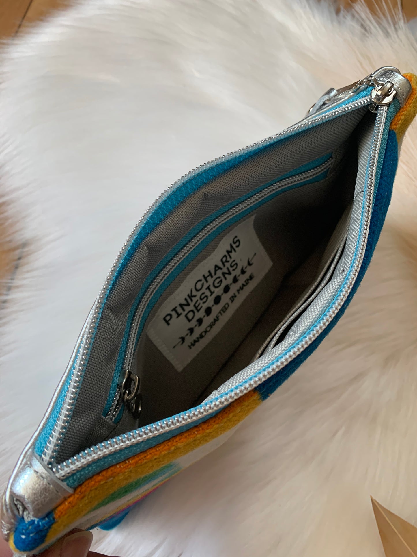Wool and leather clutch wristlet, San Gabriel wool, Silver leather clutch wallet
