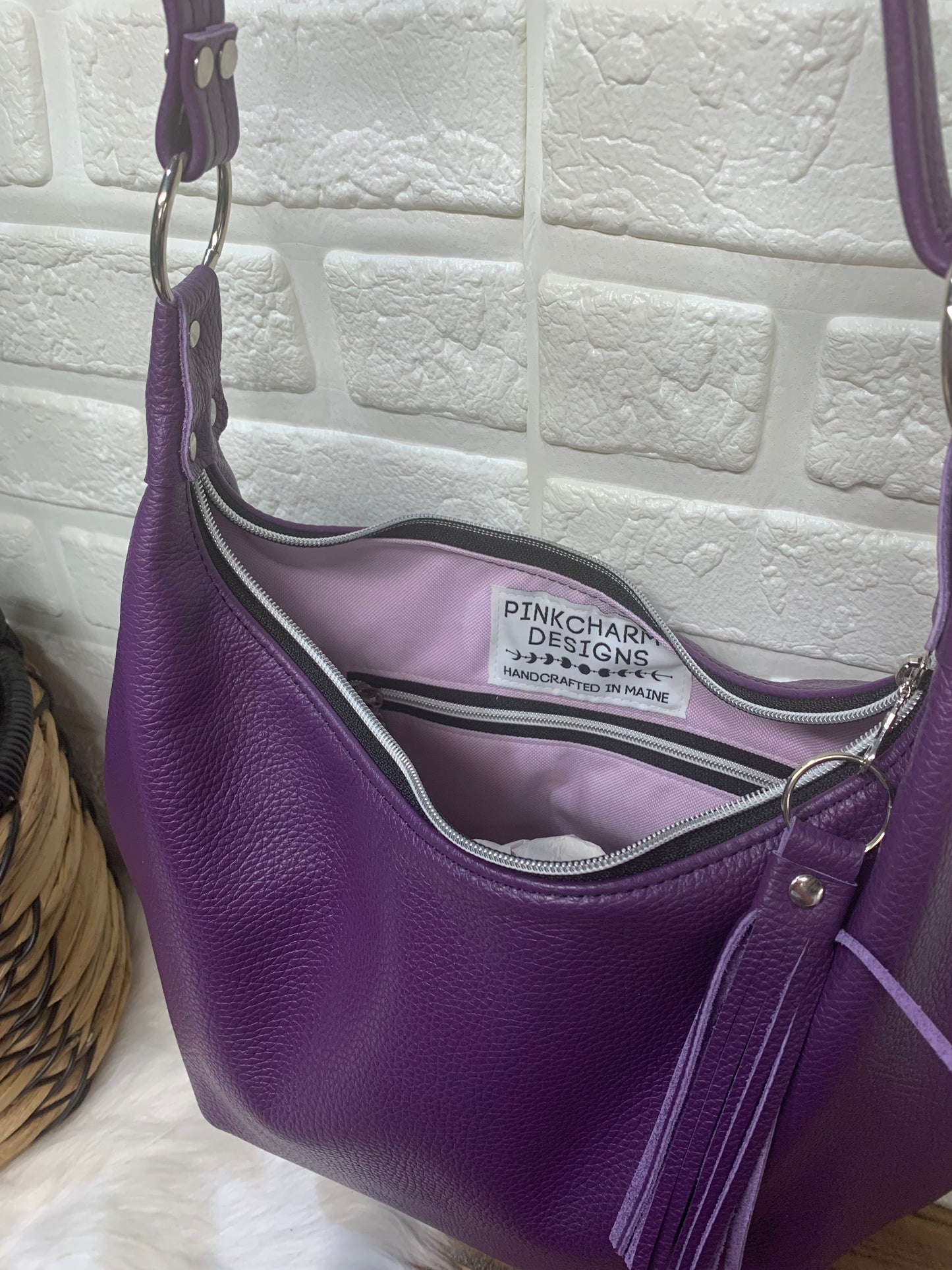 Onyx hobo bag, Purple Italian pebble grain leather crossbody