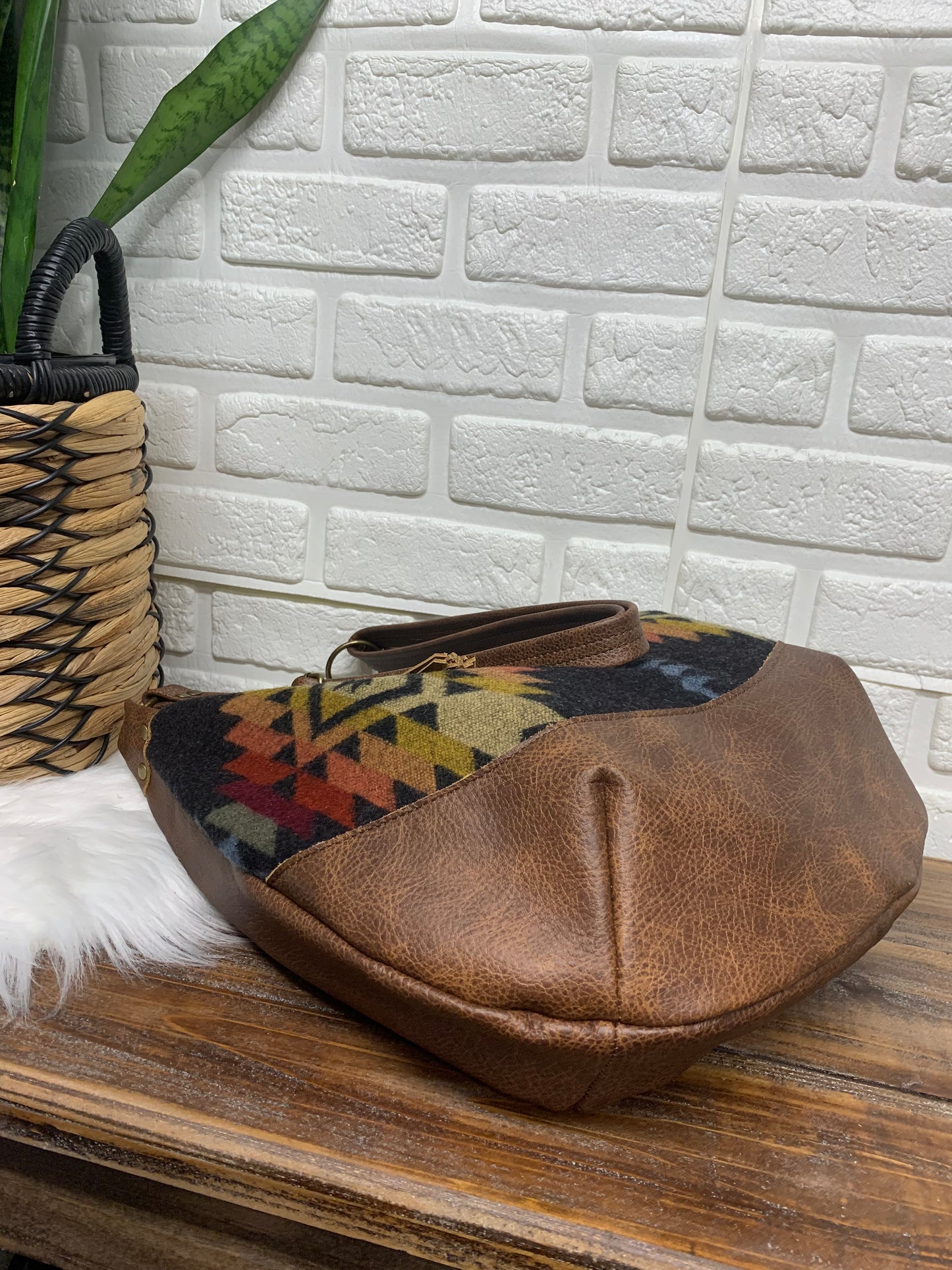 Wool and leather hobo bag, Pueblo Dwelling wool fabric, brown genuine leather