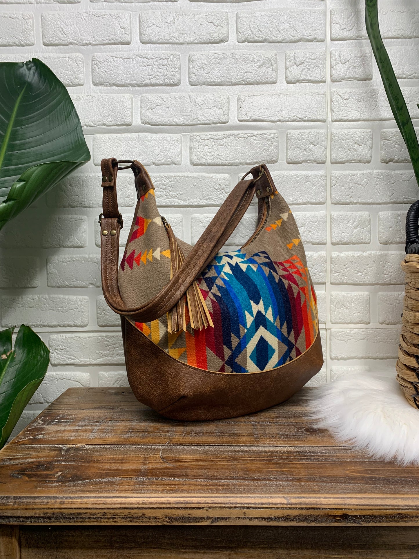 Wool and leather hobo bag, Pilot Rock wool fabric, brown genuine leather, hobo bag, wool crossbody bag