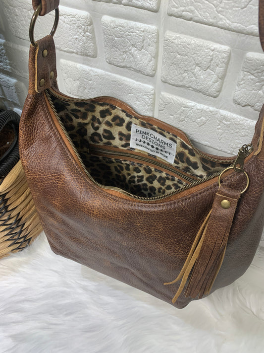 Saddle brown leather crossbody hobo bag, canvas lining, zipper closure, handmade, genuine leather