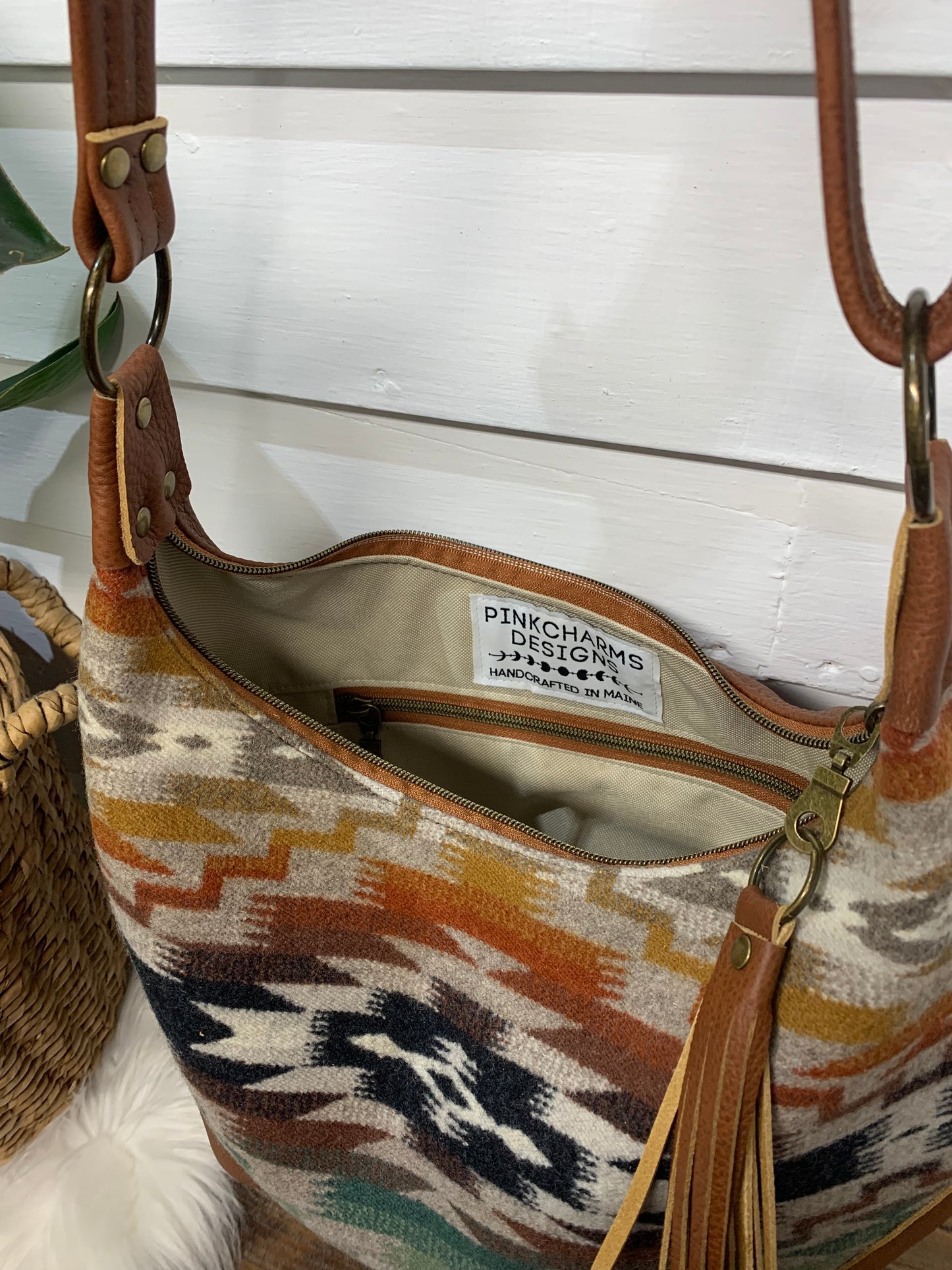 Wool and spice brown leather hobo crossbody bag, Mesilla wool