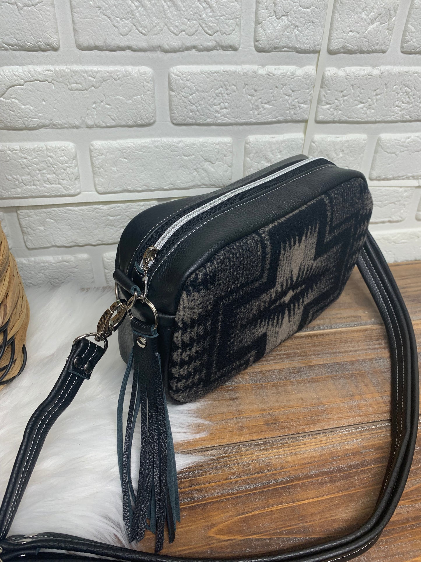 Emerald crossbody bag, Harding black wool, black leather, Camera bag