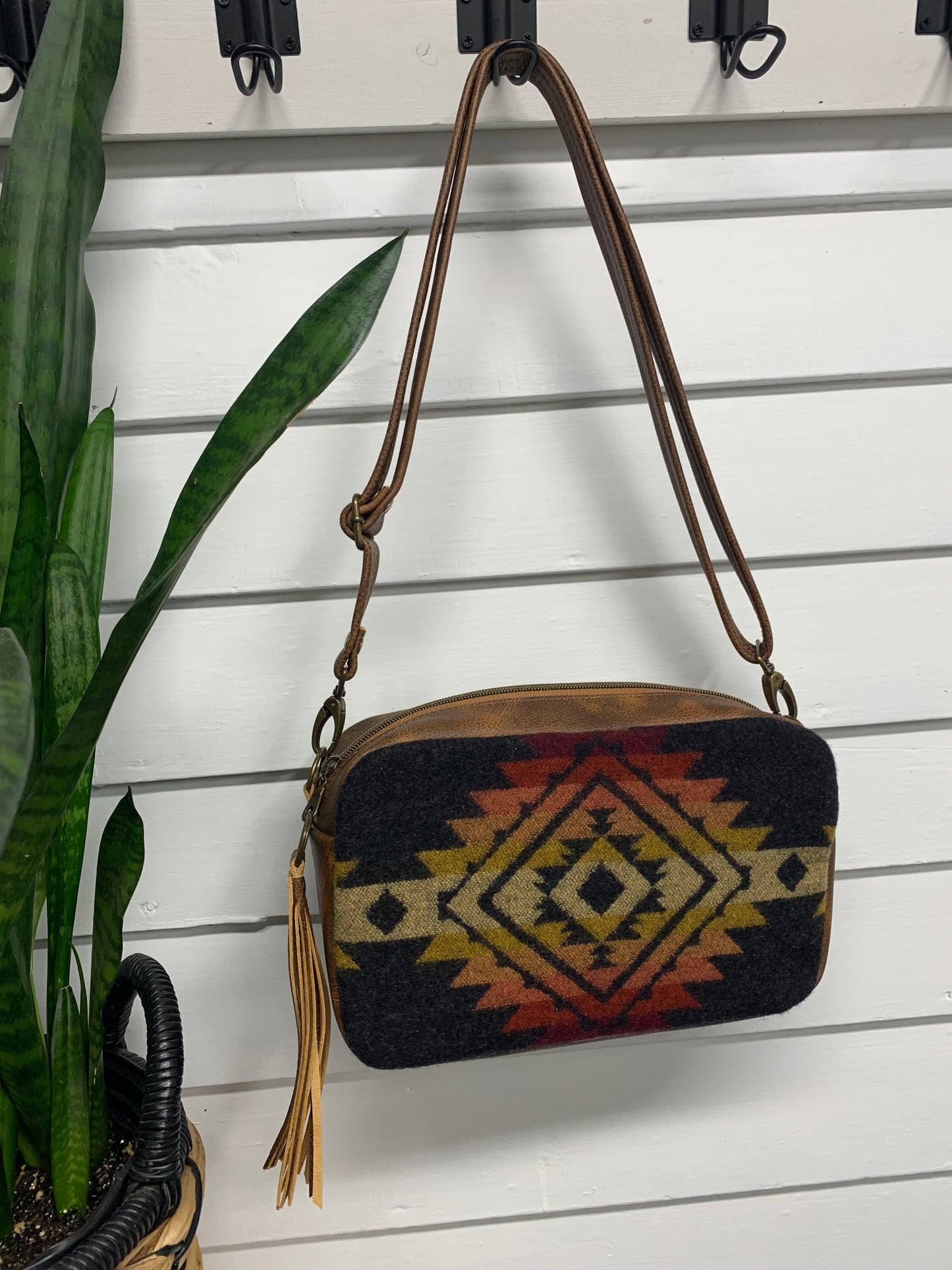 Emerald crossbody bag, Pueblo Dwelling wool, saddle brown leather